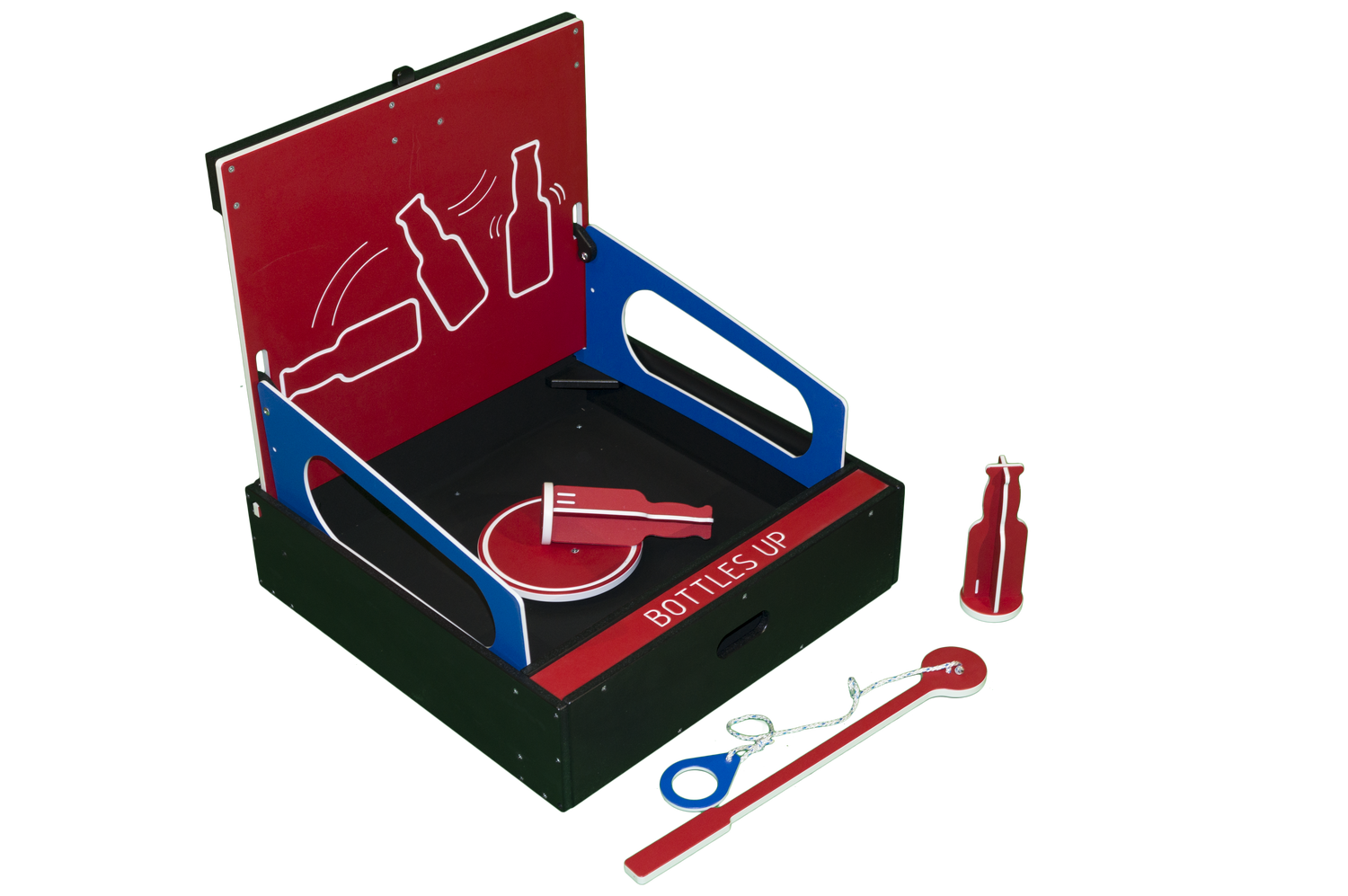 A red and blue box with some tools on it