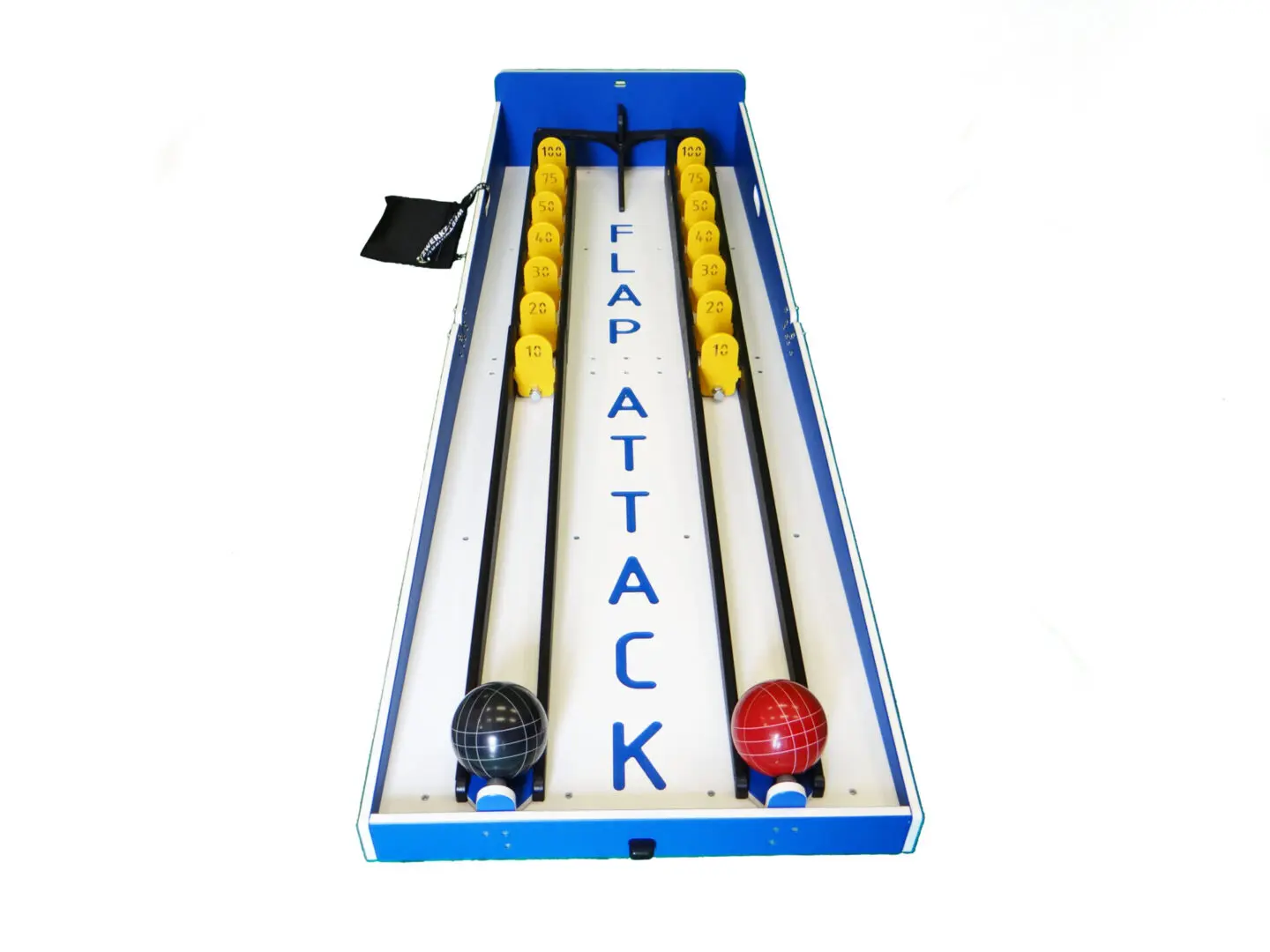 A blue and white board with two yellow sticks