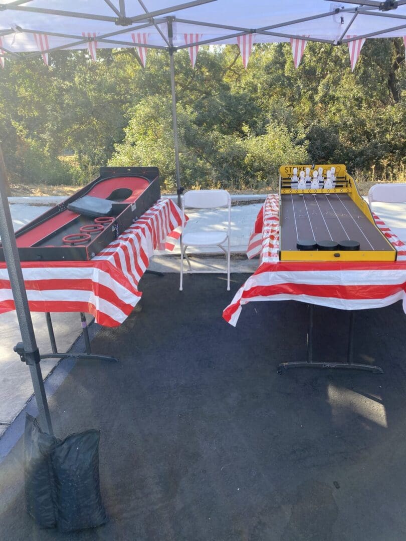 A table with red and white striped tablecloth