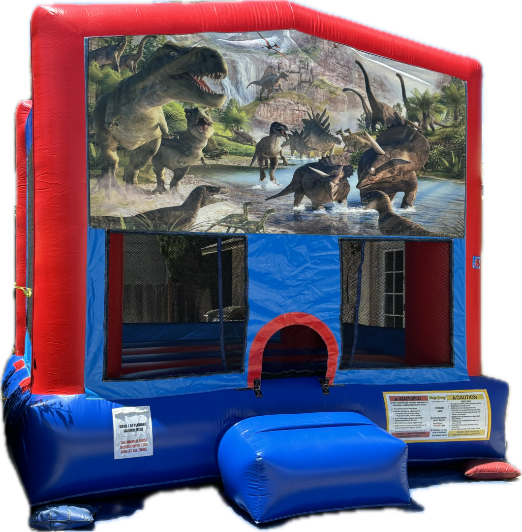 A red and blue inflatable with dinosaurs on it.