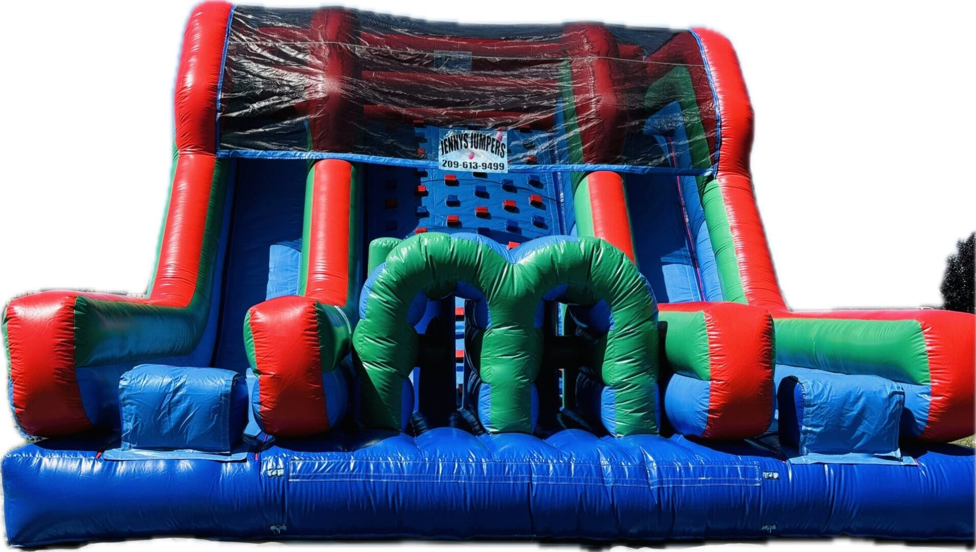 A large inflatable obstacle course with green and blue obstacles.