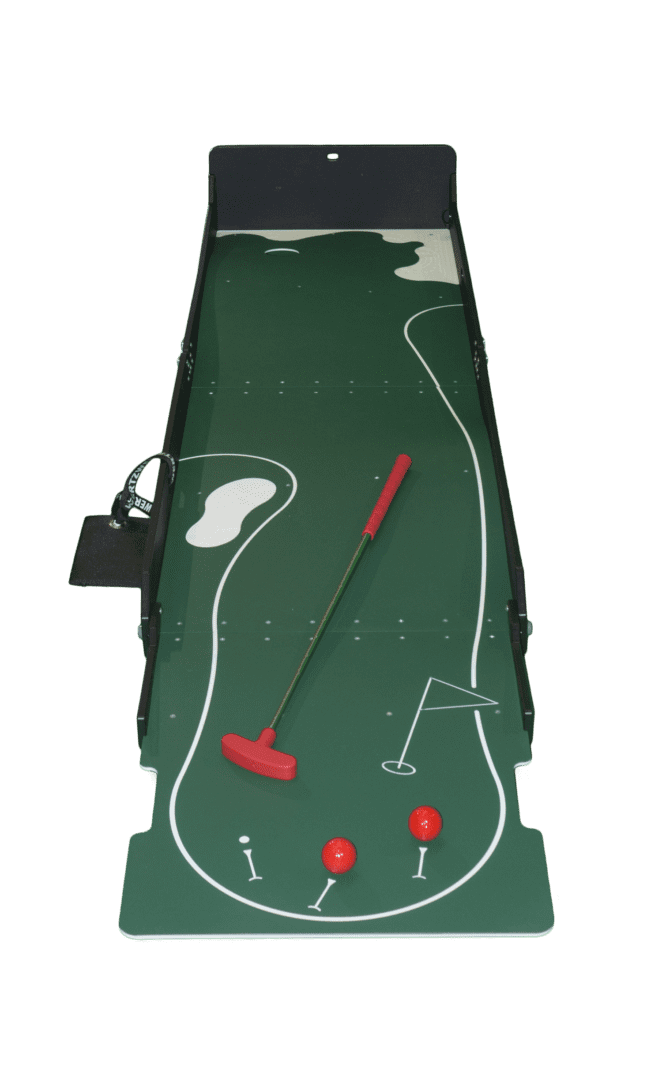 A green table with a golf hole and red balls.