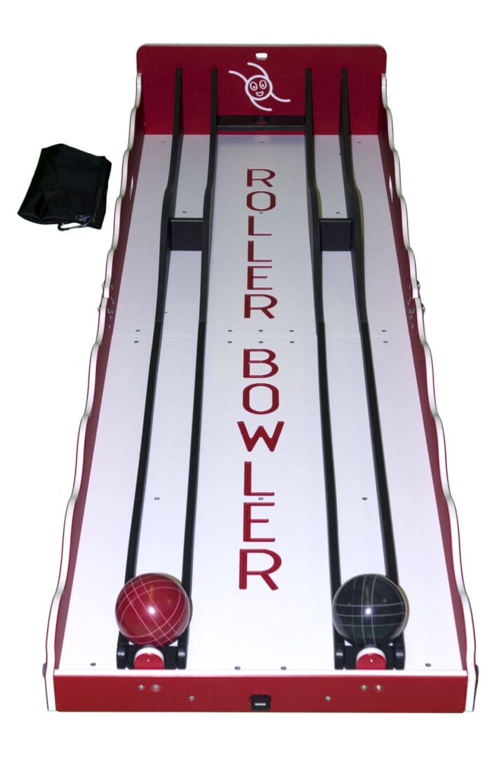 A roller bowling machine with two red and black balls.