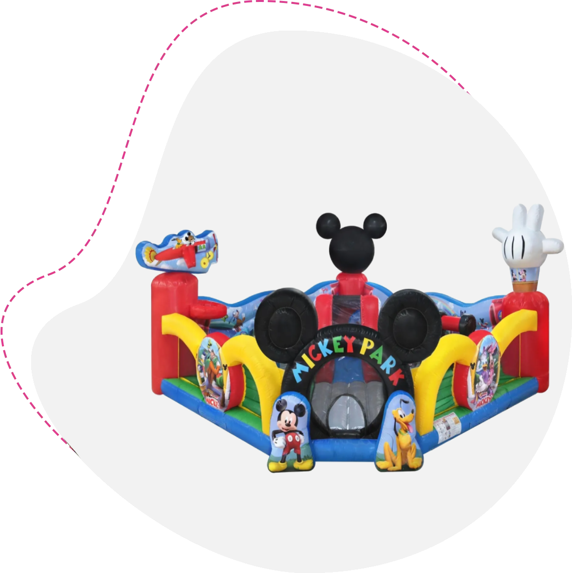 A mickey mouse inflatable bouncer with a lot of fun.