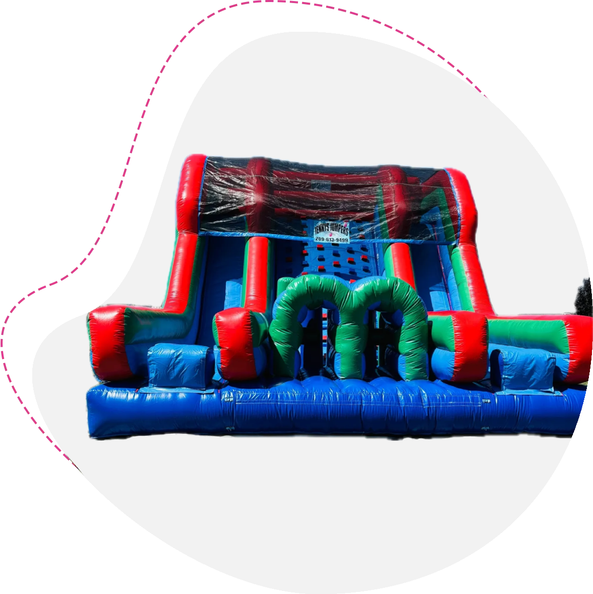 A blue and red inflatable obstacle course with obstacles.